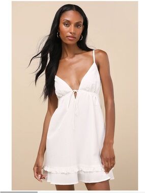 Lulus Lelina White Tie-Front Cotton Babydoll Mini Dress NWT Medium